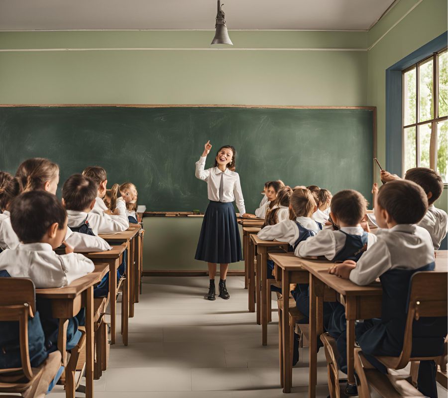 escola com crianças e uma professora no fundo
